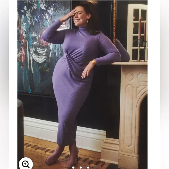 Eloquii Twist Detail Ribbed Mockneck Midi Dress in Purple Size 18/20 - Picture 4 of 12
